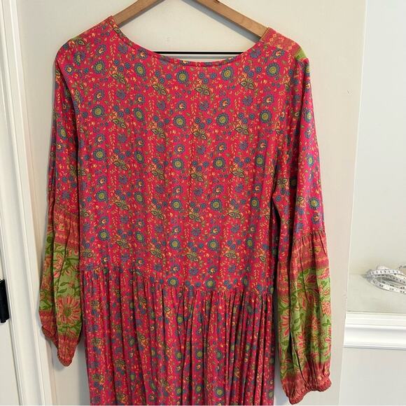 Anthropologie Raga Pink Green Floral Long Sleeve Boho Tassel Maxi Dress Sexy S - Picture 6 of 12